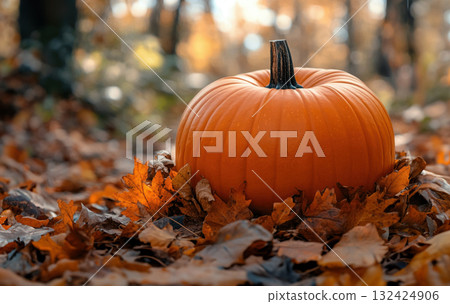 Autumn Pumpkin in Forest . Banner design template for postcard, icon, logo or poster. Autumn Pumpkin in Forest . Banner design template for postcard, icon, logo or poster. 132424906