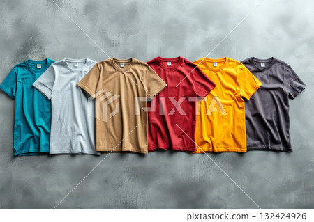 A collection of colored t-shirt templates for men on Plain Background. A collection of colored t-shirt templates for men on Plain Background. 132424926