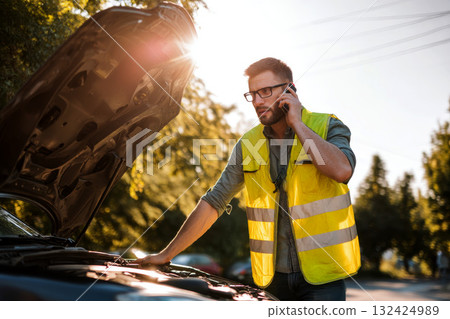 Man calling to repair service near broken car Man calling to repair service near broken car 132424989