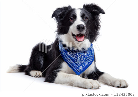 Happy Border Collie dog wearing blue bandana isolated on white background. 132425002