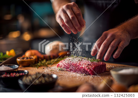 Chef cooks beef steak, sprinkling with salt on a background of professional kitchen. 132425003