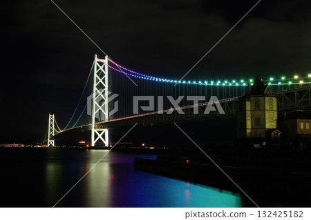 Illuminated night view of Akashi Kaikyo Bridge 132425182