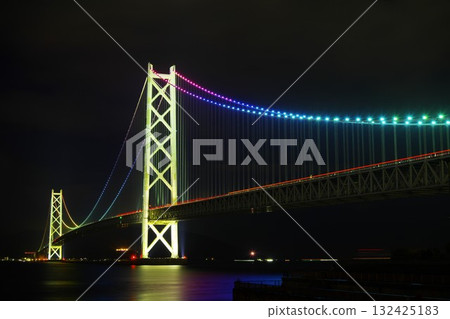 Illuminated night view of Akashi Kaikyo Bridge Illuminated night view of Akashi Kaikyo Bridge 132425183