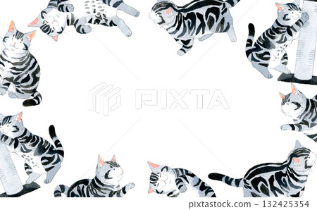 貓(美國短毛貓)框架 - 動物/寵物手繪水彩插圖背景素材 貓(美國短毛貓)框架 - 動物/寵物手繪水彩插圖背景素材 132425354