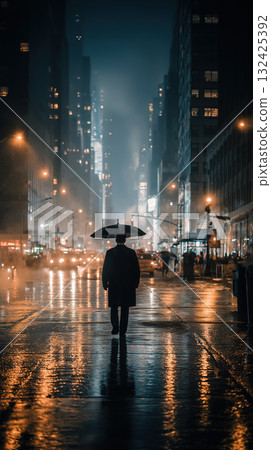 Lone man with umbrella walks on wet city street at night under glowing streetlight reflections, moody rainy urban scene with skyscraper silhouettes and blurred traffic lights 132425392