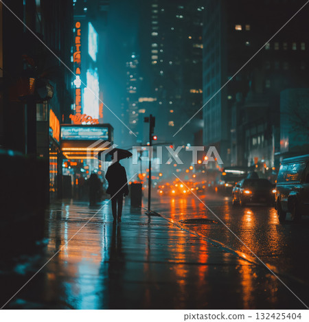 City night street with lone person holding umbrella reflected neon wet pavement and distant traffic lights evoking moody atmosphere 132425404