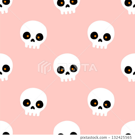 Simple skull hand drawn Halloween seamless pattern on pink background. Vector wallpaper illustration repeat design for fabric print, sticker, cover, wrapping. Simple skull hand drawn Halloween seamless pattern on pink background. Vector wallpaper illustration repeat design for fabric print, sticker, cover, wrapping. 132425565