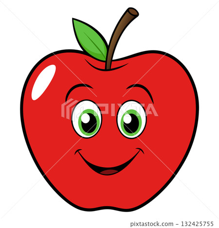 A cute red apple with a happy face isolated on white background, perfect for childrens books 132425755