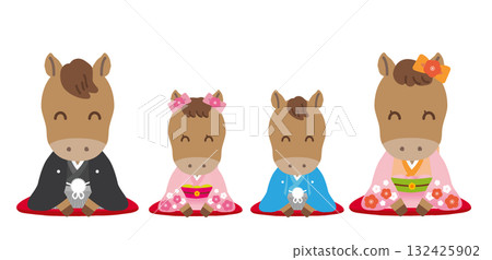 可愛的十二生肖系列和服人物 - 馬年/無主線 - 身著傳統日本服裝的家人以正座姿勢互相問候 - 微笑的眼睛 132425902