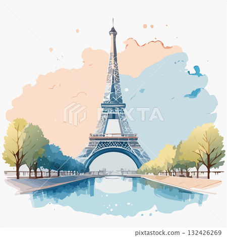 浪漫的水彩風景畫,以柔和的色彩描繪了巴黎的象徵——艾菲爾鐵塔。 浪漫的水彩風景畫,以柔和的色彩描繪了巴黎的象徵——艾菲爾鐵塔。 132426269