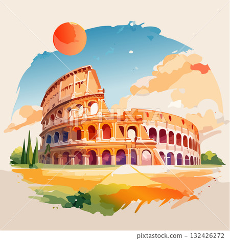 A watercolor-style illustration of the Colosseum in Rome, Italy, painted in orange and blue in warm afternoon light. A watercolor-style illustration of the Colosseum in Rome, Italy, painted in orange and blue in warm afternoon light. 132426272