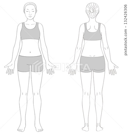 Full-body female line drawing illustration (front + back set, only gray clothing) 132426306