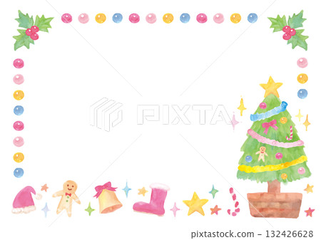 聖誕框架與柔和的水彩手繪插圖-白色背景 132426628