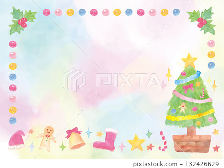 聖誕框架與柔和的水彩手繪插圖-彩色背景 132426629