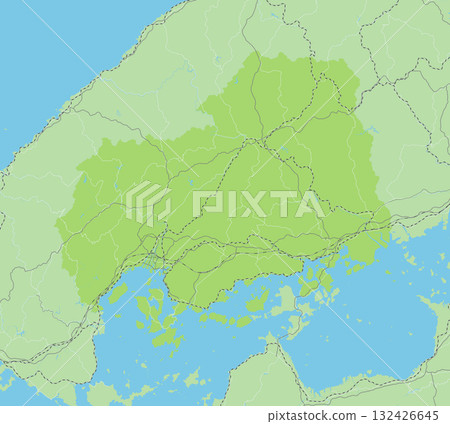 A simple green road map of Hiroshima Prefecture in Japan and its neighboring prefectures 132426645