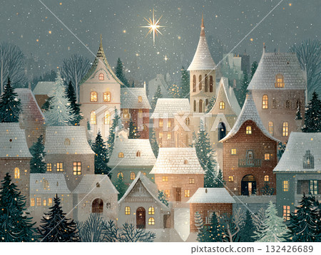 Retro greeting card style Christmas townscape illustration / Vintage holiday snow scene 132426689