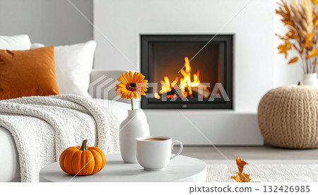 Simple modern interior with a fireplace for cafe time 132426985