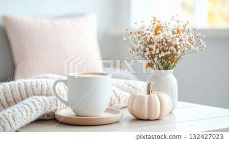 秋季時尚可愛的室內裝飾和咖啡拿鐵 132427023