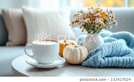 Autumn stylish cute interior and cafe latte 132427024