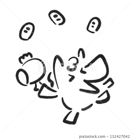 笑臉駿馬和揮舞著魔槌的金幣。新年素材。水墨畫。單色。 笑臉駿馬和揮舞著魔槌的金幣。新年素材。水墨畫。單色。 132427042