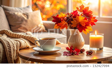 Autumn leaves cafe time: Autumn leaves, coffee, and a blanket 132427094
