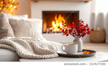房間裡有燃木爐、簡約的現代室內裝潢、秋葉和咖啡 房間裡有燃木爐、簡約的現代室內裝潢、秋葉和咖啡 132427100