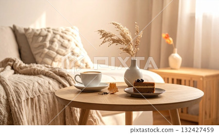 Relaxing autumn time with coffee, chestnut cake, pampas grass and a blanket 132427459