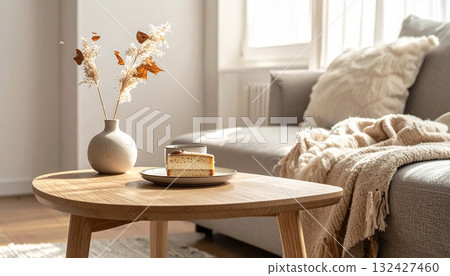 Relaxing autumn time with coffee, chestnut cake, pampas grass and a blanket 132427460