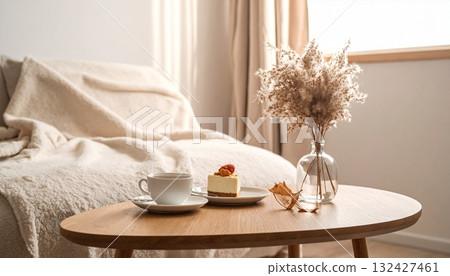 Relaxing autumn time with coffee, chestnut cake, pampas grass and a blanket 132427461