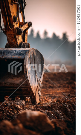 Excavator Bucket Digging into Brown Earth with Forest Background Construction Equipment 132427502