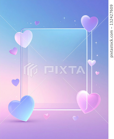淡淡的粉彩色情人節相框，透明的心像肥皂泡一樣漂浮 132427609