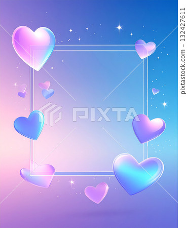 淡淡的粉彩色情人節相框，透明的心像肥皂泡一樣漂浮 132427611