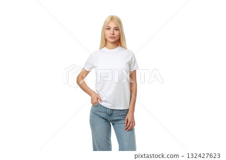 Woman in a white t-shirt and blue jeans stands tall, isolated, PNG Woman in a white t-shirt and blue jeans stands tall, isolated, PNG 132427623