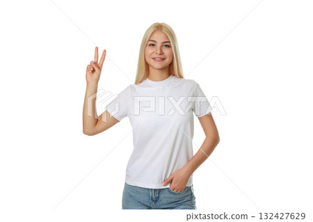 Woman smiling and holding peace sign with white t-shirt, isolated, PNG Woman smiling and holding peace sign with white t-shirt, isolated, PNG 132427629