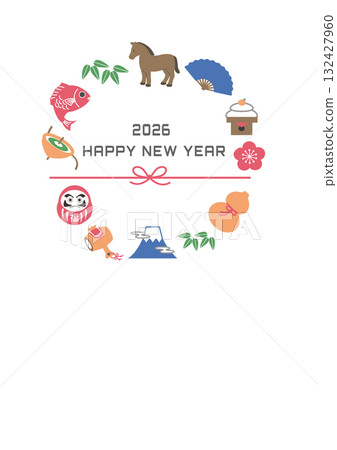 New Year's Card 2026 - Illustration of a Horse and Auspicious Charms 2026 New Year's Card, Illustration, Horse, Zodiac, New Year, Auspicious Charms, Japanese New Year's Card 2026 - Illustration of a Horse and Auspicious Charms 2026 New Year's Card, Illustration, Horse, Zodiac, New Year, Auspicious Charms, Japanese 132427960