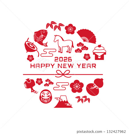 2026 年新年賀卡 - 馬和吉祥護身符插圖 2026 年新年賀卡、插圖、馬、十二生肖、新年、吉祥護身符、日語 132427962
