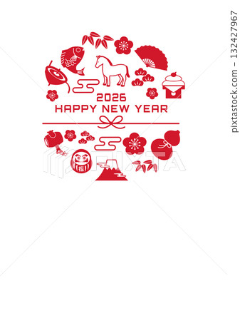2026 年新年賀卡 - 馬和吉祥護身符插圖 2026 年新年賀卡、插圖、馬、十二生肖、新年、吉祥護身符、日語 132427967