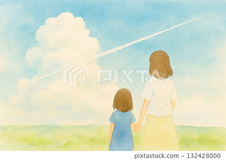 Summer sky + cumulonimbus cloud + mother and daughter (watercolor, horizontal position) 132428000