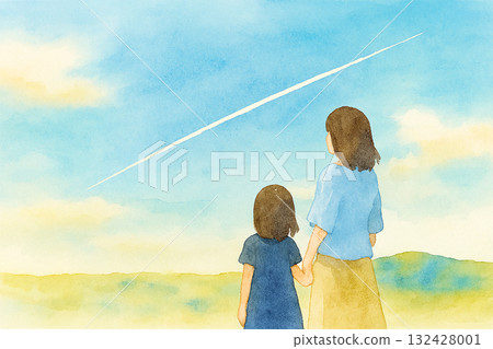 母女的背影（仰望天空，水彩畫，水平） 132428001