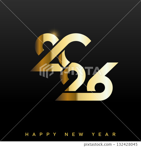 Modern futuristic Happy New Year 2026 logo with split golden typography. Vector Modern futuristic Happy New Year 2026 logo with split golden typography. Vector 132428045