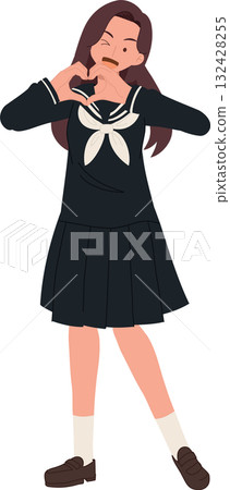 cute japanese student in ssailor uniform making hand heart gesture. kawaii japanese student 132428255