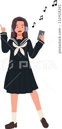 Japanese schoolgirl listening to music with headphones in school uniform. enjoying music on smartphone 132428261