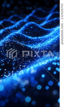 Digital flowing blue wave of sparkling particles creates a futuristic, dynamic, and vibrant surface Digital flowing blue wave of sparkling particles creates a futuristic, dynamic, and vibrant surface 132428743