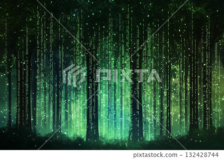 Digital rain falls through forest trees, illuminating them with a vibrant emerald glow Digital rain falls through forest trees, illuminating them with a vibrant emerald glow 132428744