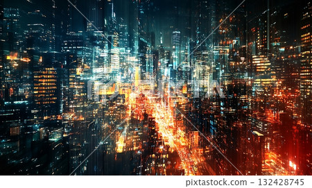 Distorted urban cityscape shows skyscrapers with blurred traffic lights in vibrant colors at night Distorted urban cityscape shows skyscrapers with blurred traffic lights in vibrant colors at night 132428745