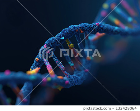 Close up of blue DNA double helix model with textured backbone and colorful nucleotide pairs, glowing scientific concept with molecular detail and dramatic depth of field lighting Close up of blue DNA double helix model with textured backbone and colorful nucleotide pairs, glowing scientific concept with molecular detail and dramatic depth of field lighting 132429064