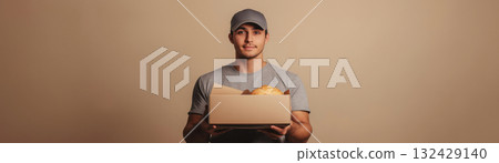 Man holds a box of food supplies for distribution, created with AI Man holds a box of food supplies for distribution, created with AI 132429140