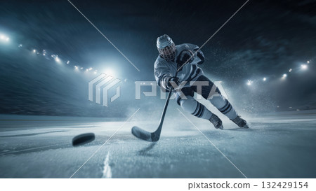 Player in uniform skating and shooting puck, created AI 132429154