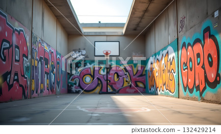 Urban basketball court adorned with vibrant graffiti art under a rectangular skylight capturing Urban basketball court adorned with vibrant graffiti art under a rectangular skylight capturing 132429214