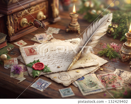 Letter to Santa and vintage stamps on an antique desk / Close-up of a Christmas letter 132429402